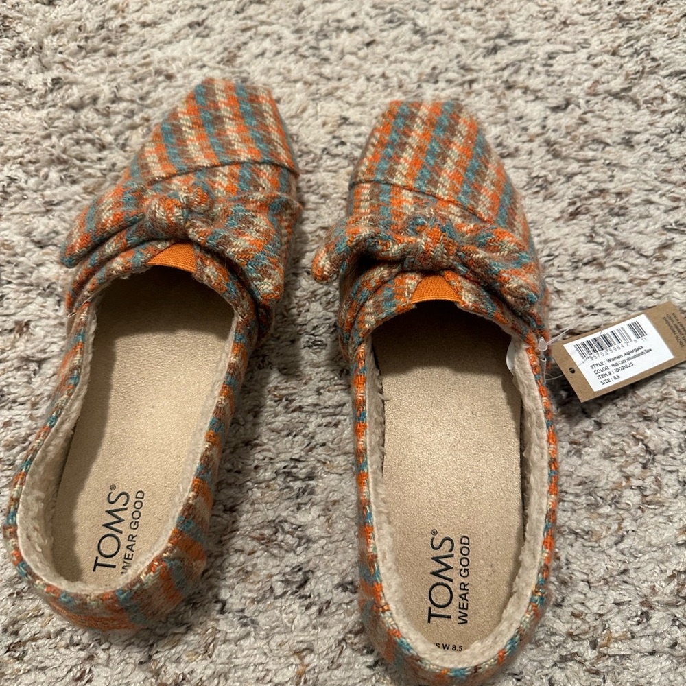 TOMS Kids' Orange and Brown Checkered Slippers